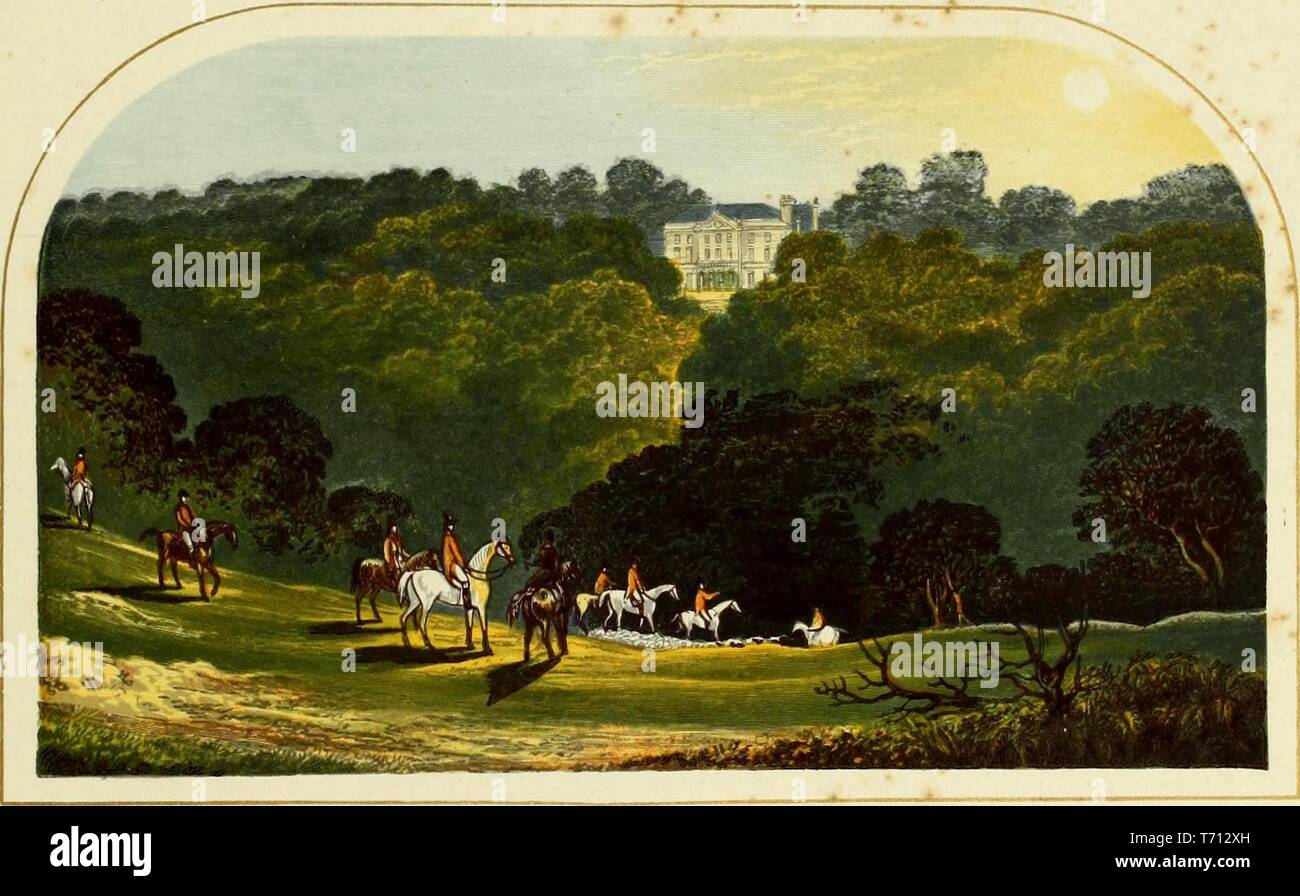 Color print depicting a number of mounted fox hunters, wearing red jackets, navigating a slope in the foreground, with Denby Grange, a large Classical-Revival country house, perched on a hill in the background, located in Yorkshire, England, published in FO (Francis Orpen) Morris's 'A series of picturesque views of seats of the noblemen and gentlemen of Great Britain and Ireland, with descriptive and historical letterpress', 1840. Courtesy Internet Archive. () Stock Photo