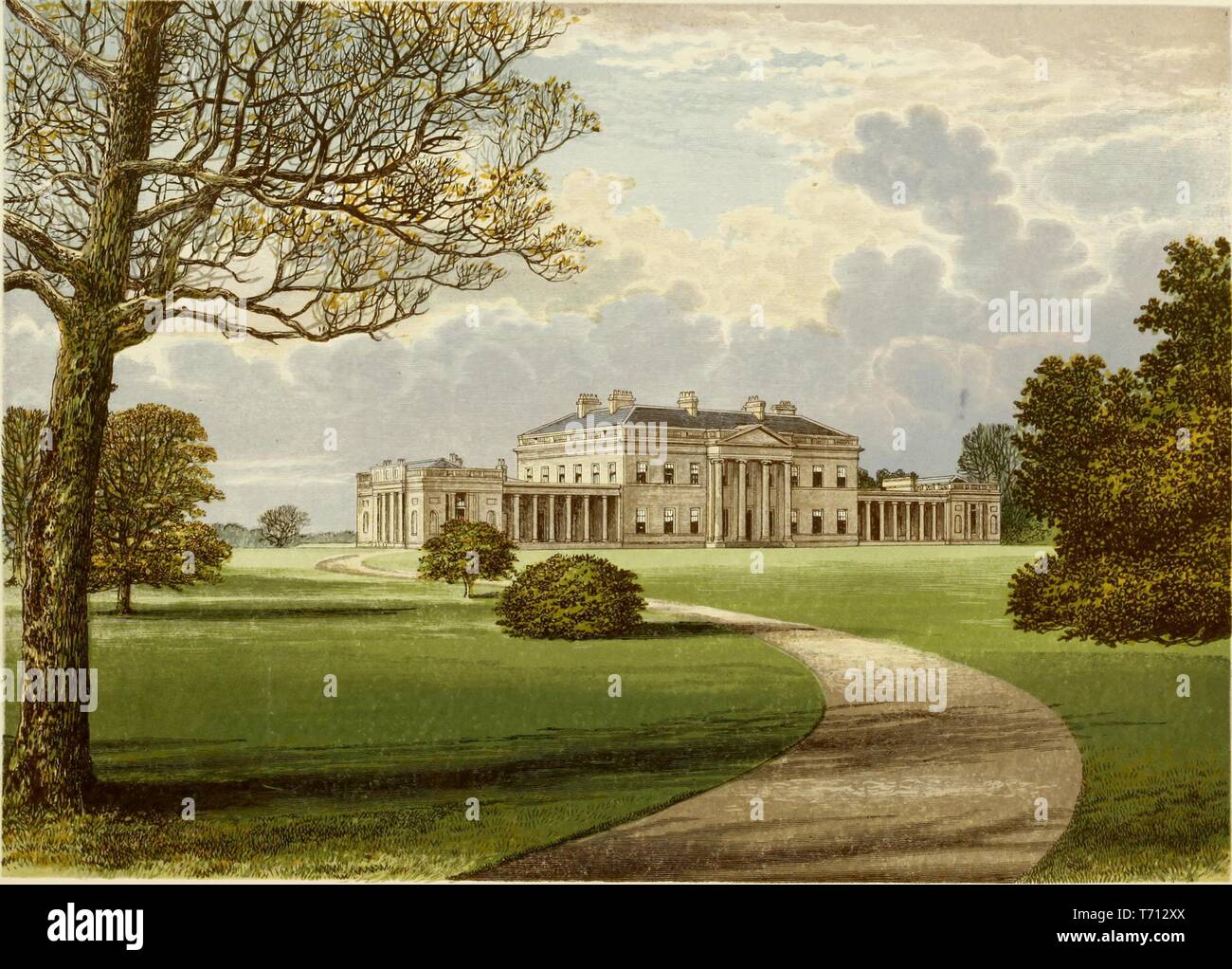 Color print depicting a path winding through an expansive green lawn, leading to Castle Coole, a large 18th century building, built in a Neo-Classical Revival style, with a pale stone facade, located in Northern Ireland, published in FO (Francis Orpen) Morris's 'A series of picturesque views of seats of the noblemen and gentlemen of Great Britain and Ireland, with descriptive and historical letterpress', 1840. Courtesy Internet Archive. () Stock Photo