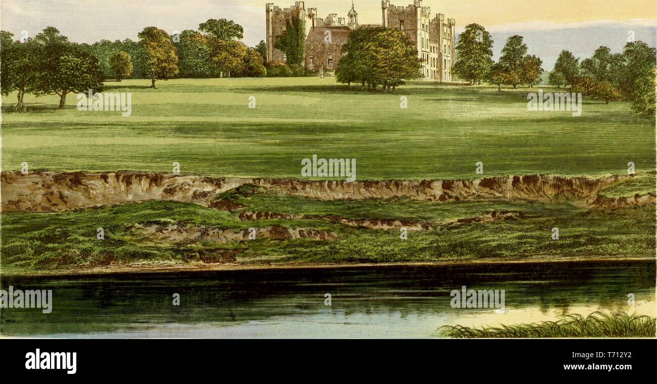 Color print depicting a river and rolling green lawn in the foreground, with Lumley Castle, a 14th-century, quadrangular castle, located near Durham in Northern England, in the background, published in FO (Francis Orpen) Morris's 'A series of picturesque views of seats of the noblemen and gentlemen of Great Britain and Ireland, with descriptive and historical letterpress', 1840. Courtesy Internet Archive. () Stock Photo