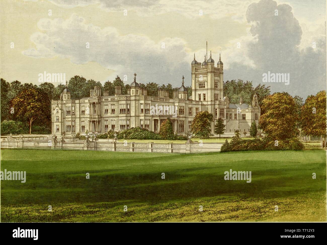 Color print depicting Underley Hall, a large 19th century country house, built in a Jacobean Revival style, and set in a lush, natural landscape, located near Kirkby Lonsdale in Cumbria, published in FO (Francis Orpen) Morris's 'A series of picturesque views of seats of the noblemen and gentlemen of Great Britain and Ireland, with descriptive and historical letterpress', 1840. Courtesy Internet Archive. () Stock Photo