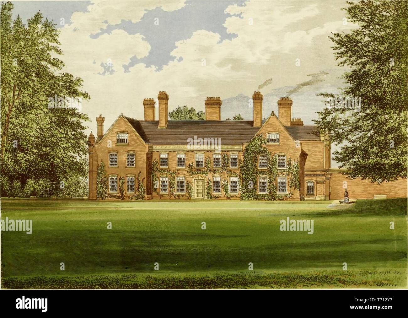 Color print depicting a rolling green lawn leading to Nether Hall, a vine-covered country house, with a brick facade, located in Pakenham, Suffolk, England, published in FO (Francis Orpen) Morris's 'A series of picturesque views of seats of the noblemen and gentlemen of Great Britain and Ireland, with descriptive and historical letterpress', 1840. Courtesy Internet Archive. () Stock Photo