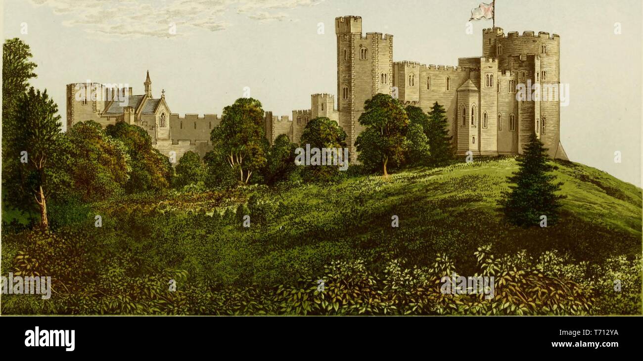 Color print depicting a rolling green meadow leading to Peckforton Castle, a 19th-century country house, with a brick facade, built to resemble a medieval castle, located in Cheshire, England, published in FO (Francis Orpen) Morris's 'A series of picturesque views of seats of the noblemen and gentlemen of Great Britain and Ireland, with descriptive and historical letterpress', 1840. Courtesy Internet Archive. () Stock Photo