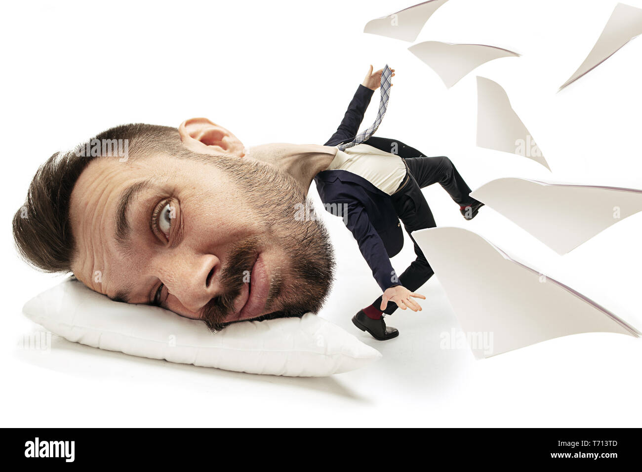 Break night dreams as a glasses. Big head on small body lying on the