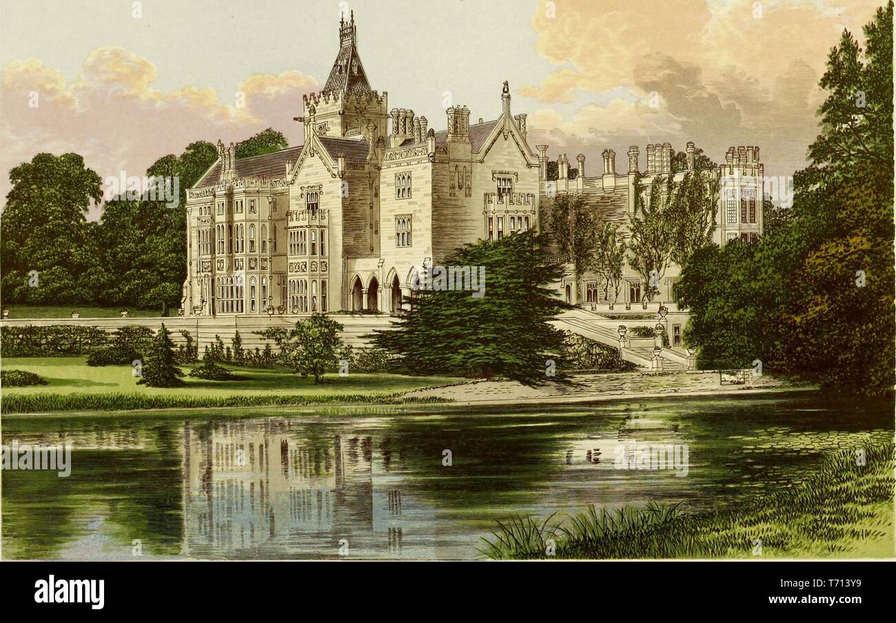 Color print depicting Adare Manor, a 17th-century calendar house, with 365 windows, 52 chimneys, and a brick facade, located next to the River Maigue in County Limerick, Ireland, published in FO (Francis Orpen) Morris's 'A series of picturesque views of seats of the noblemen and gentlemen of Great Britain and Ireland, with descriptive and historical letterpress', 1840. Courtesy Internet Archive. () Stock Photo