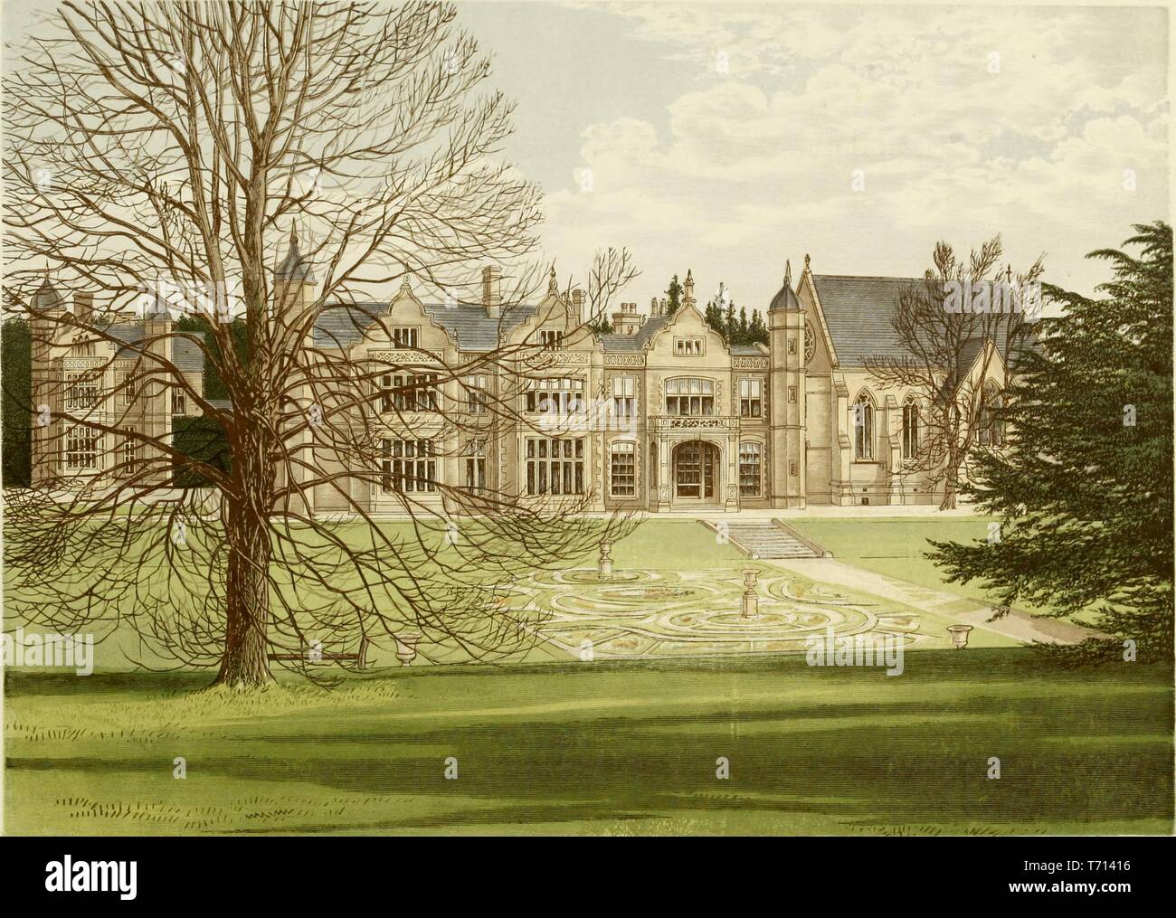 Color print depicting a formal garden leading to Exton Hall, a 19th-century country house, with a brick facade and Jacobethan elements, located in Rutland, England, published in FO (Francis Orpen) Morris's 'A series of picturesque views of seats of the noblemen and gentlemen of Great Britain and Ireland, with descriptive and historical letterpress', 1840. Courtesy Internet Archive. () Stock Photo