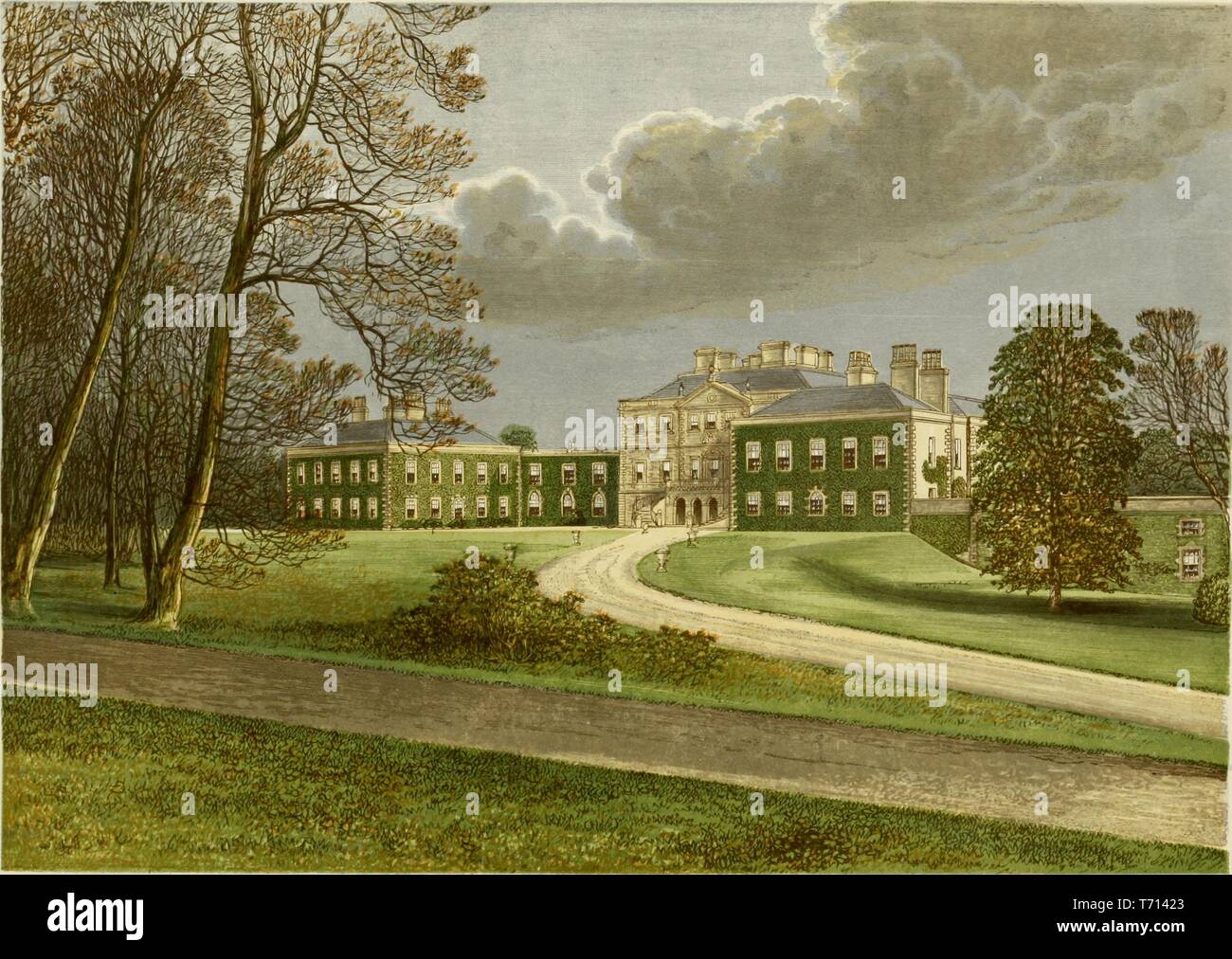 Color print depicting a rolling lawn with a curving path leading to Haddo House, an 18th-century stately home, with a vine-covered facade, designed in a Georgian-Palladian style by architect William Adam, located in Aberdeenshire, Scotland, published in FO (Francis Orpen) Morris's 'A series of picturesque views of seats of the noblemen and gentlemen of Great Britain and Ireland, with descriptive and historical letterpress', 1840. Courtesy Internet Archive. () Stock Photo