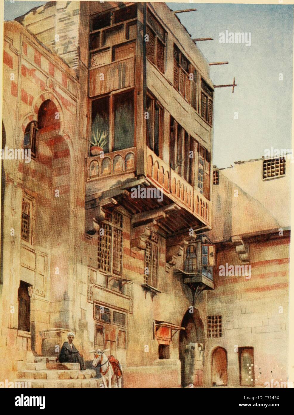 Watercolor painting 'An Old Palace in Cairo' by Walter Spencer Stanhope Tyrwhitt, from the book 'Cairo, Jerusalem, and Damascus' by David Samuel, 1912. Courtesy Internet Archive. () Stock Photo