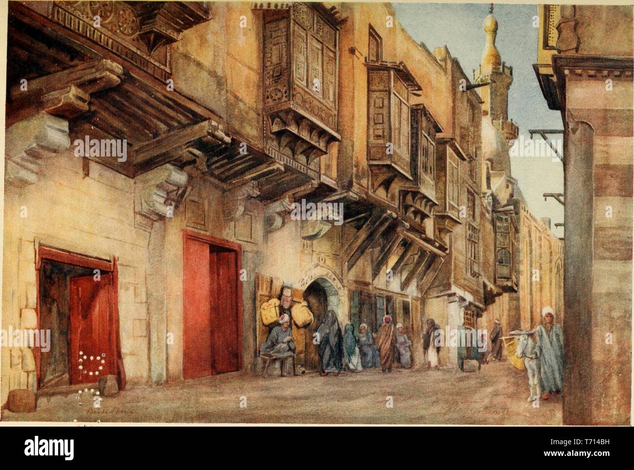 Watercolor painting 'Street Scene, Bab El-Sharia, Cairo' by Walter Spencer Stanhope Tyrwhitt, from the book 'Cairo, Jerusalem, and Damascus' by David Samuel, 1912. Courtesy Internet Archive. () Stock Photo