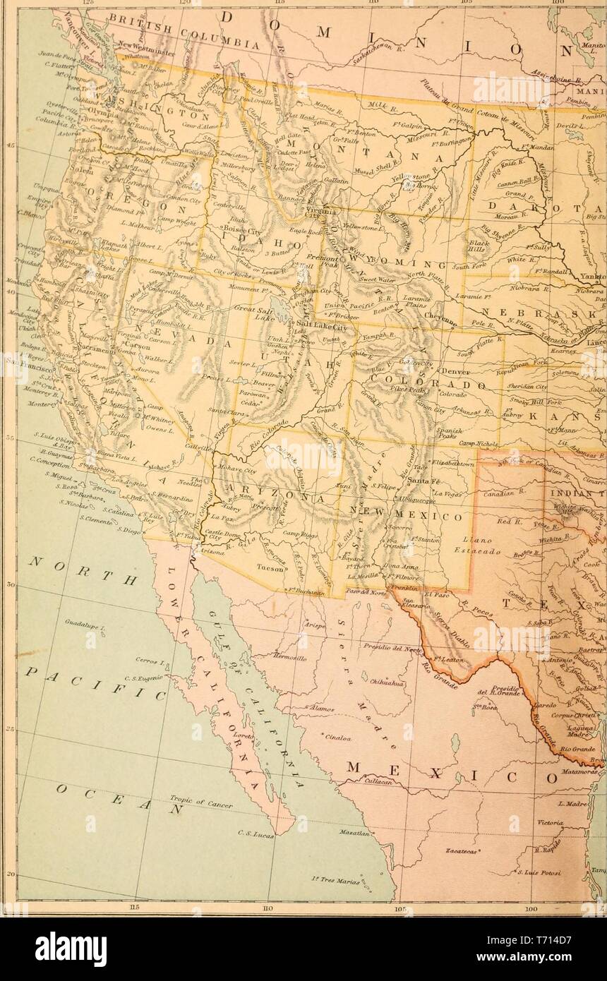Illustration of the United States West coast, from the book 'The Southern states of North America' by Edward King, 1875. Courtesy Internet Archive. () Stock Photo