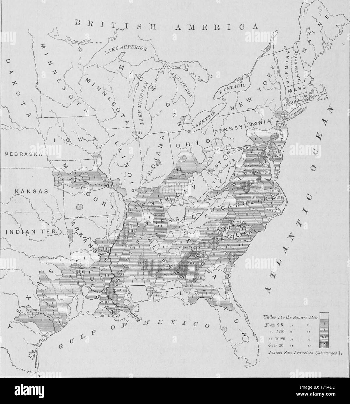 Illustrated map of the distribution of the African-American population of the United States, from the book 'The Southern states of North America' by Edward King, 1875. Courtesy Internet Archive. () Stock Photo