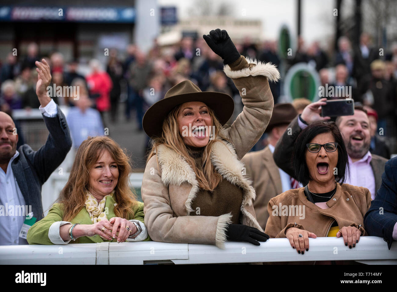 Carol Vorderman (centre) at Chepstow Racecourse to watch her horse 'Subway Surf' racing. Stock Photo