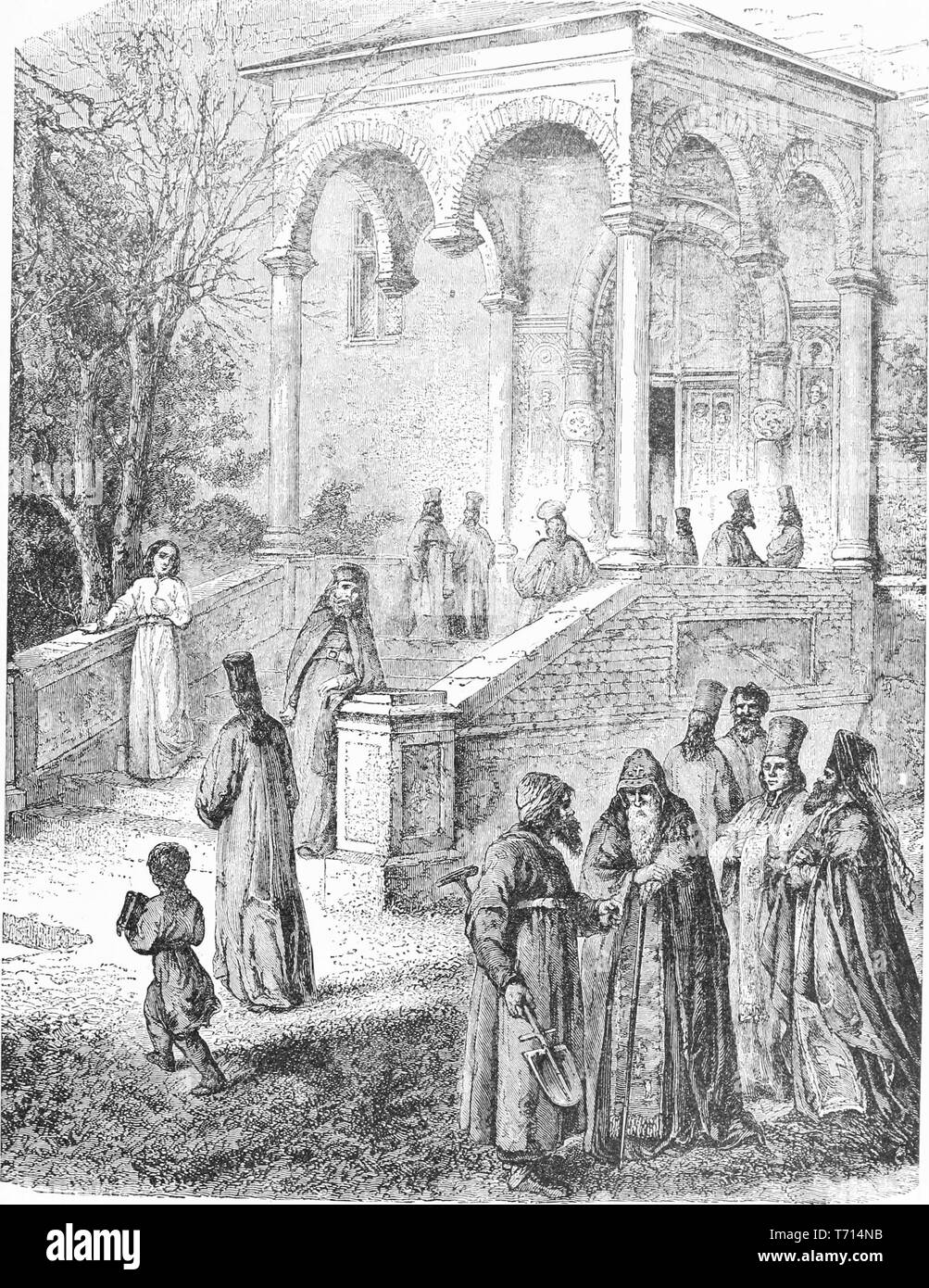Drawing of priests in front of the Greek Monastery, from the book 'Ridpath's Universal history' by John Clark Ridpath, 1897. Courtesy Internet Archive. () Stock Photo