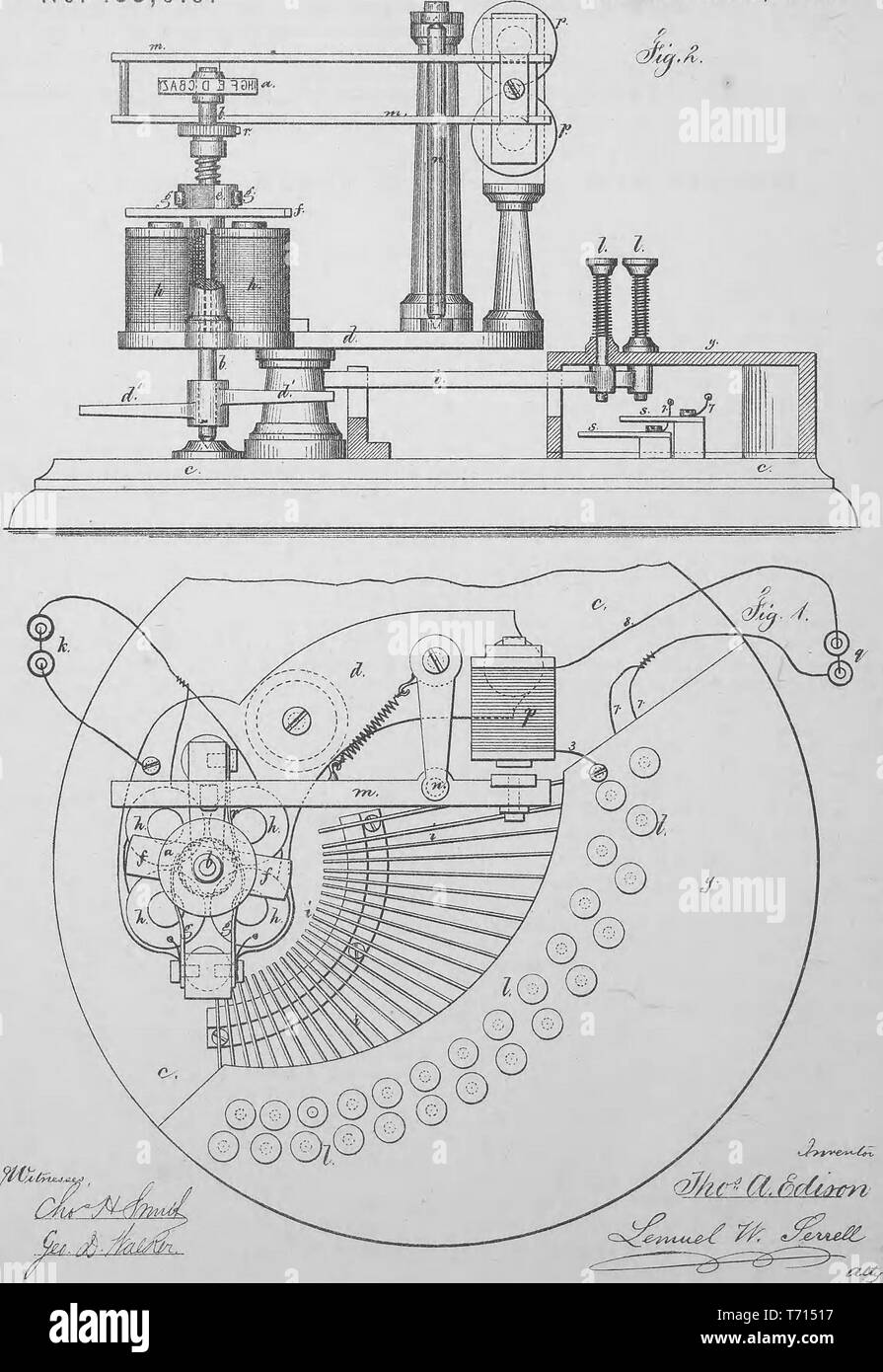 Engraved patent 'Improvement in Electrical Printing-Machines' by Thomas A Edison, from the book 'Collection of United States patents granted to Thomas A. Edison', 1869. Courtesy Internet Archive. () Stock Photo