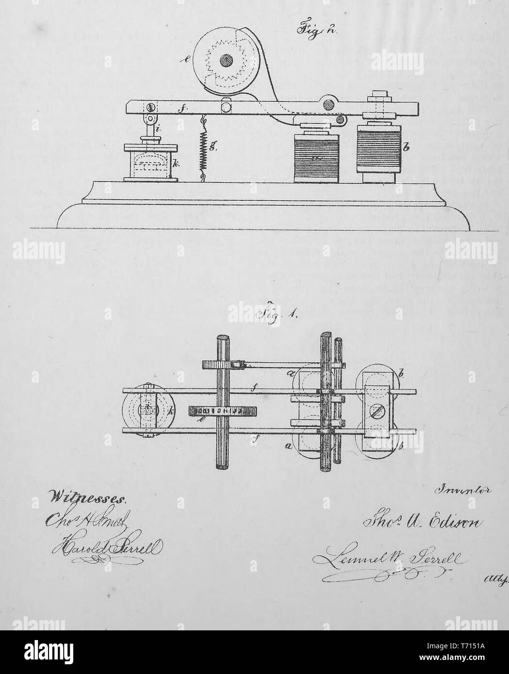 Engraved patent 'Improvement in Printing-Telegraphs' by Thomas A Edison, from the book 'Collection of United States patents granted to Thomas A. Edison', 1869. Courtesy Internet Archive. () Stock Photo