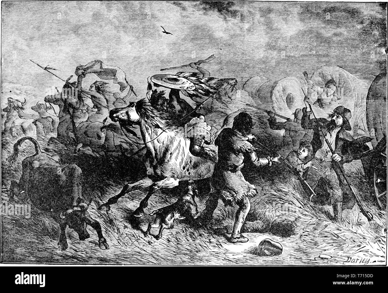 Engraving of the Sioux Indians attacking a wagon train of emigrants, from the book 'A popular history of the United States of America, from the aboriginal times to the present day' by John Clark Ridpath, 1893. Courtesy Internet Archive. () Stock Photo