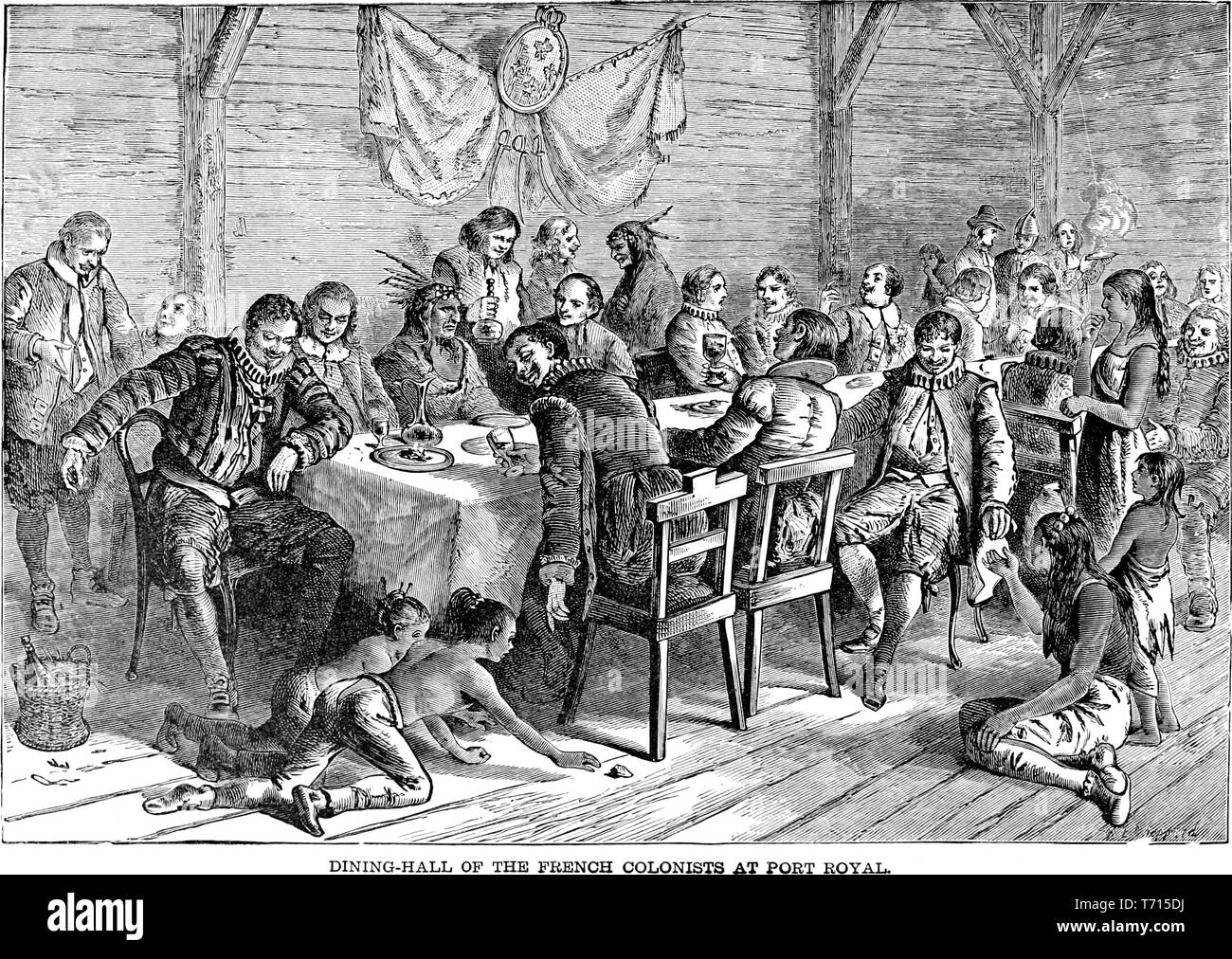 Engraving of the Dining hall of the French colonists at Port Royal, Jamaica, from the book 'A popular history of the United States of America, from the aboriginal times to the present day' by John Clark Ridpath, 1893. Courtesy Internet Archive. () Stock Photo