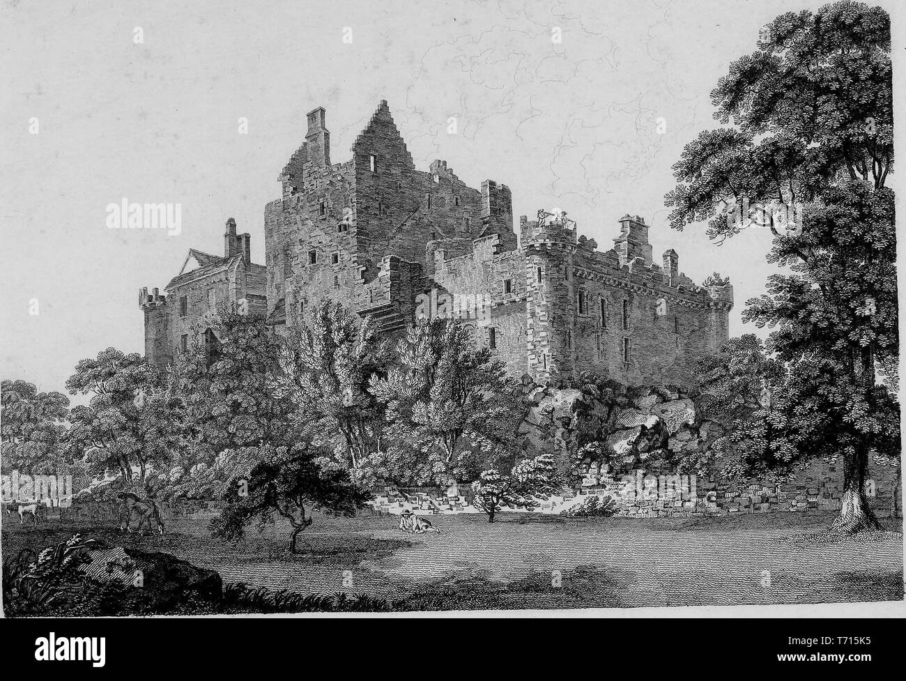 Engraving of the Craigmillar Castle in Edinburgh, Scotland, from the book 'Antiquities of Great Britain' by William Byrne and Thomas Hearne, 1825. Courtesy Internet Archive. () Stock Photo