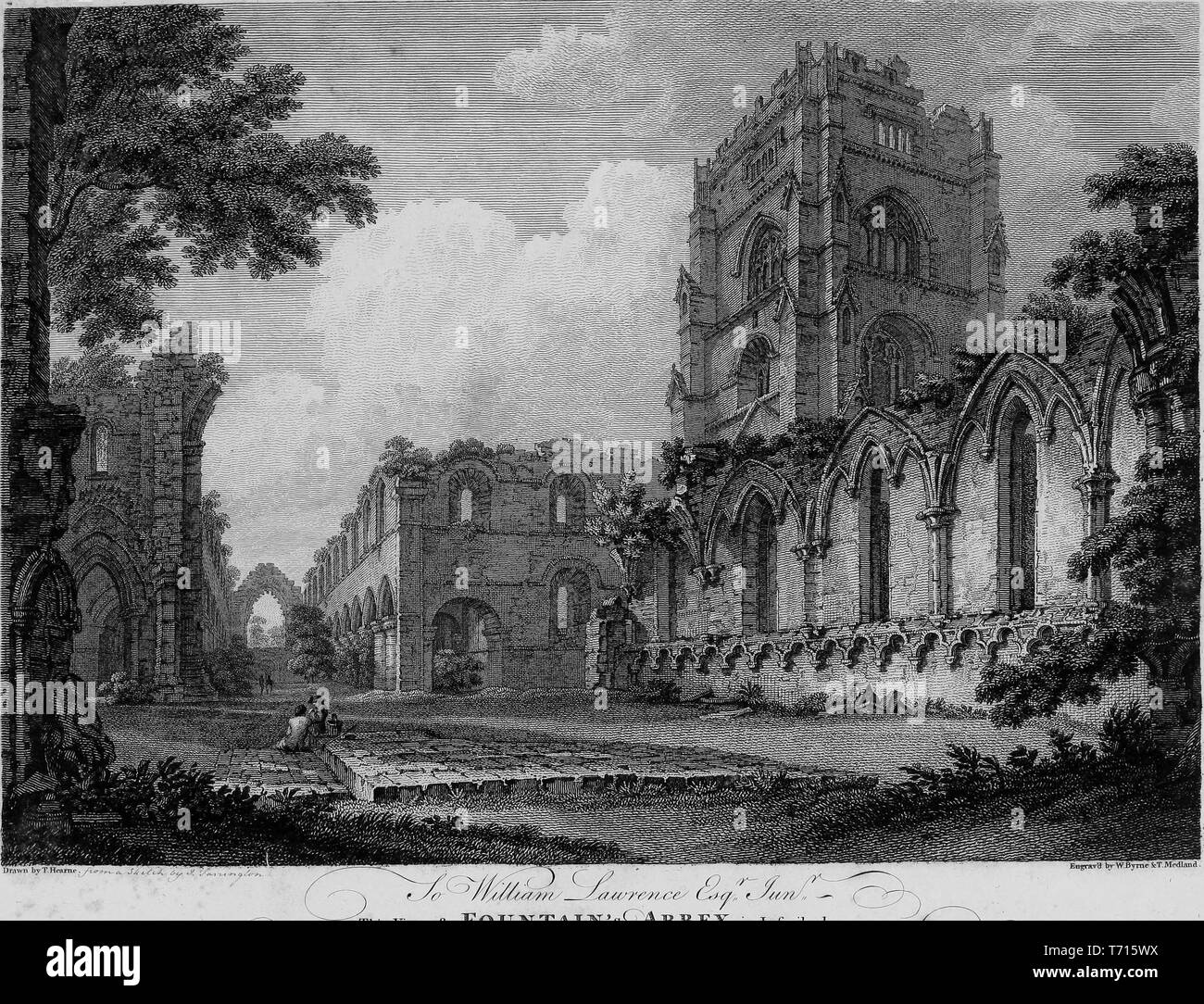 Engraving of the Fountains Abbey in Ripon, North Yorkshire, England, from the book 'Antiquities of Great Britain' by William Byrne and Thomas Hearne, 1807. Courtesy Internet Archive. () Stock Photo
