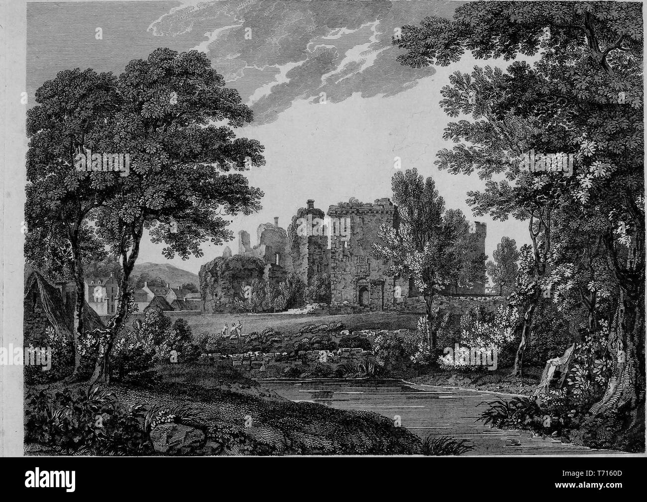 Engraving of the ruins of warkworth castle hires stock photography and