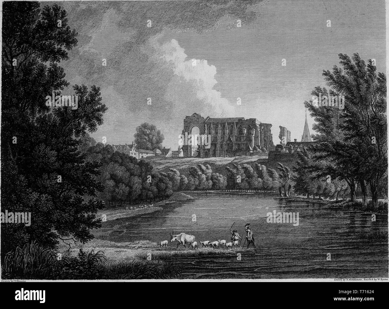Engraving of the ruins of Malmesbury Abbey in Wiltshire, England, from
