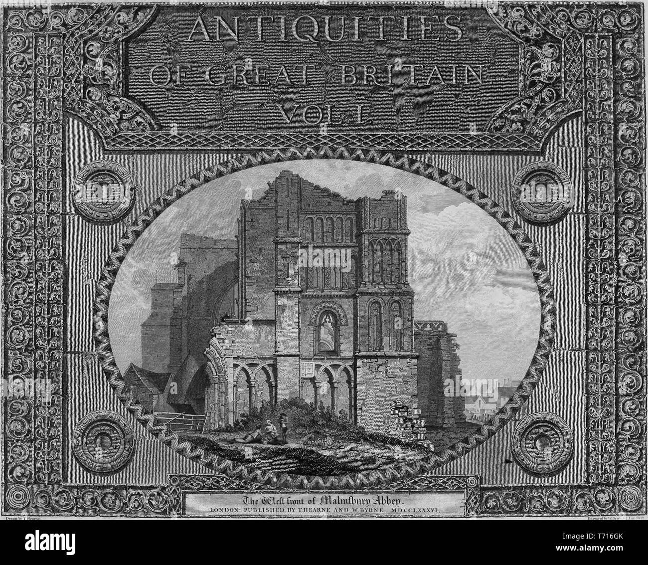 Engraving of the front cover of the book 'Antiquities of Great Britain, Vol I' by William Byrne and Thomas Hearne, 1825. Courtesy Internet Archive. () Stock Photo