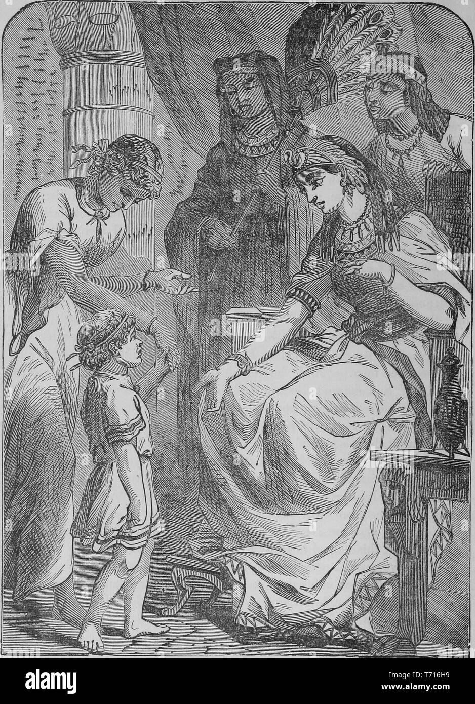 Engraving of Moses brought to Pharaoh's daughter, from the book 'The Pictorial Bible and commentator' by Ingram Cobbin, Daniel March, Linus Pierpont Brockett, and Hesba Stretton, 1878. Courtesy Internet Archive. () Stock Photo