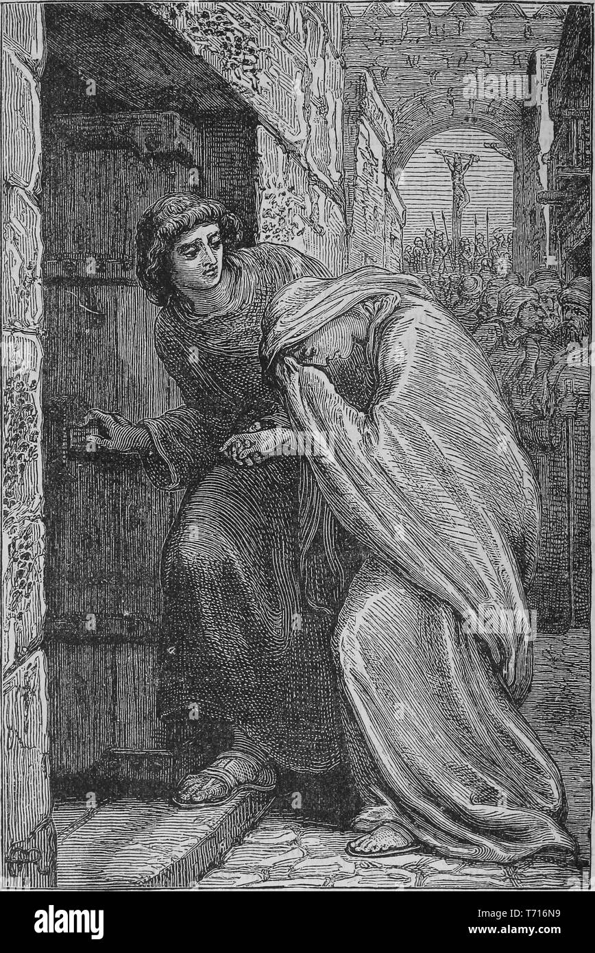 Engraving of a disciple taking Holy Mary into his home, from the book 'The Pictorial Bible and commentator' by Ingram Cobbin, Daniel March, Linus Pierpont Brockett, and Hesba Stretton, 1878. Courtesy Internet Archive. () Stock Photo