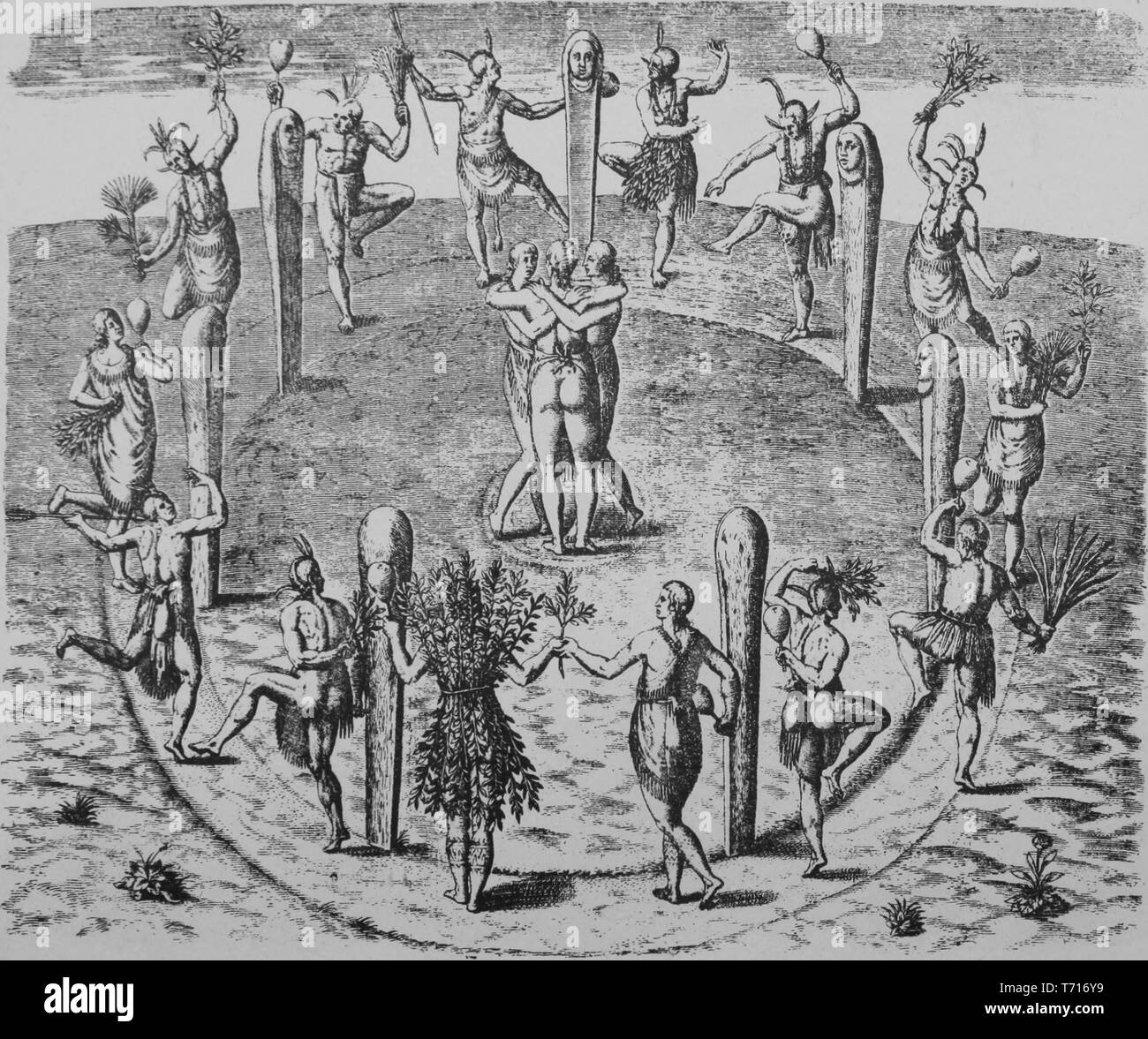 Engraving of local residents dancing among poles with carved human head, three virgins dancing in the middle, from the book 'The Spanish Letter of Columbus to Luis De Sant' Angel' by Christopher Columbus, Bernard Quaritch, and Michael P. Kerney, 1893. Courtesy Internet Archive. () Stock Photo