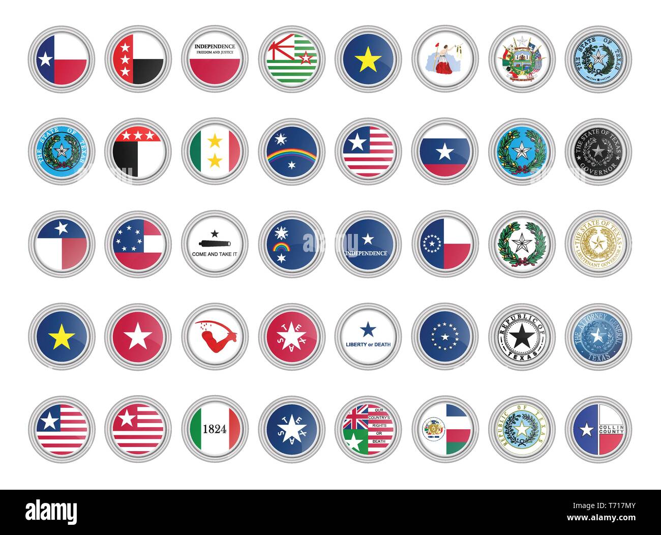Set of vector icons. Flags and seals of Texas state, USA. 3D illustration. Stock Vector