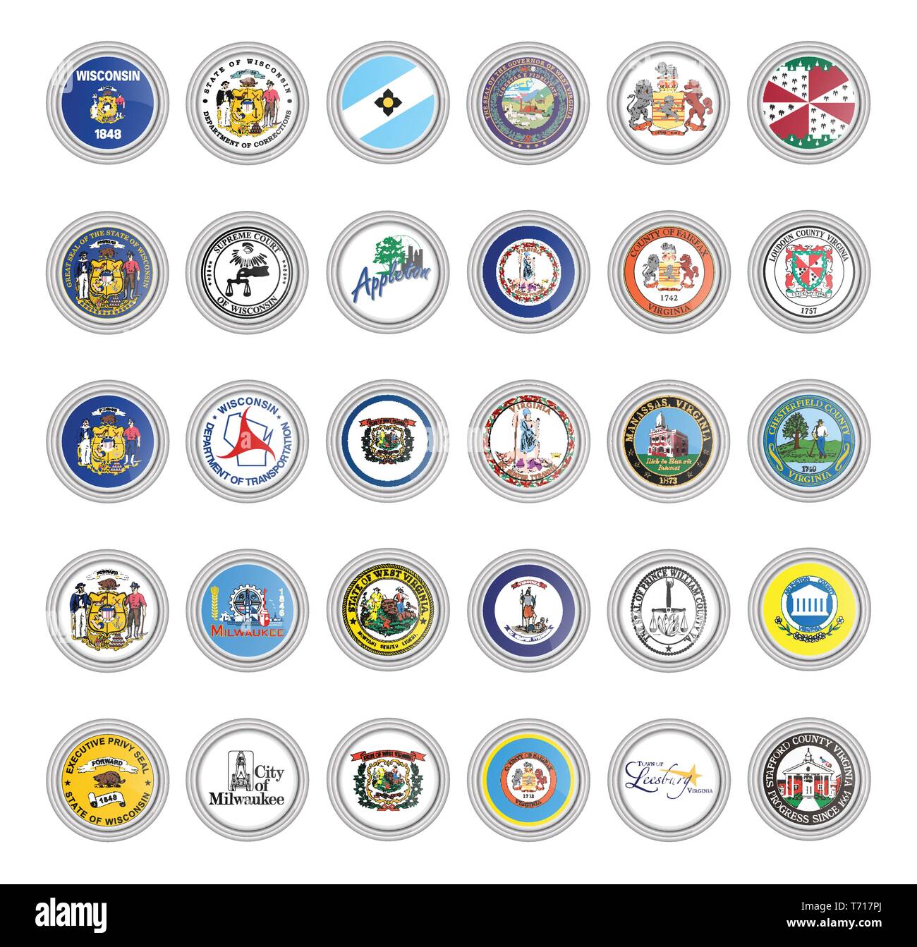 Set of vector icons. Flags and seals of Wisconsin, Virginia and West Virginia states, USA. 3D illustration. Stock Vector