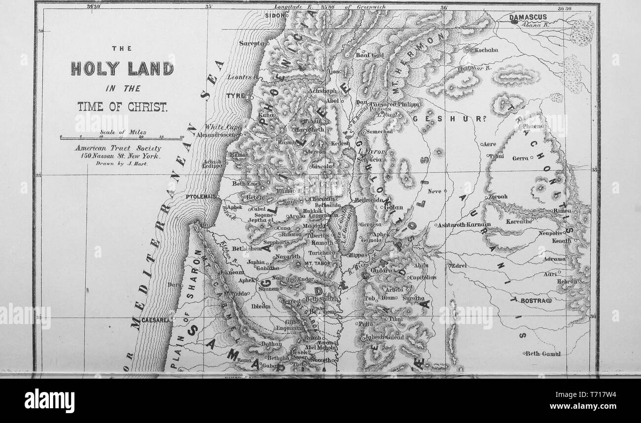 Engraved map of the Holy Land in the time of Jesus Christ, from the book 'Through Bible Lands: Notes Of Travel In Egypt, The Desert, And Palestine' by Philip Schaff, 1878. Courtesy Internet Archive. () Stock Photo