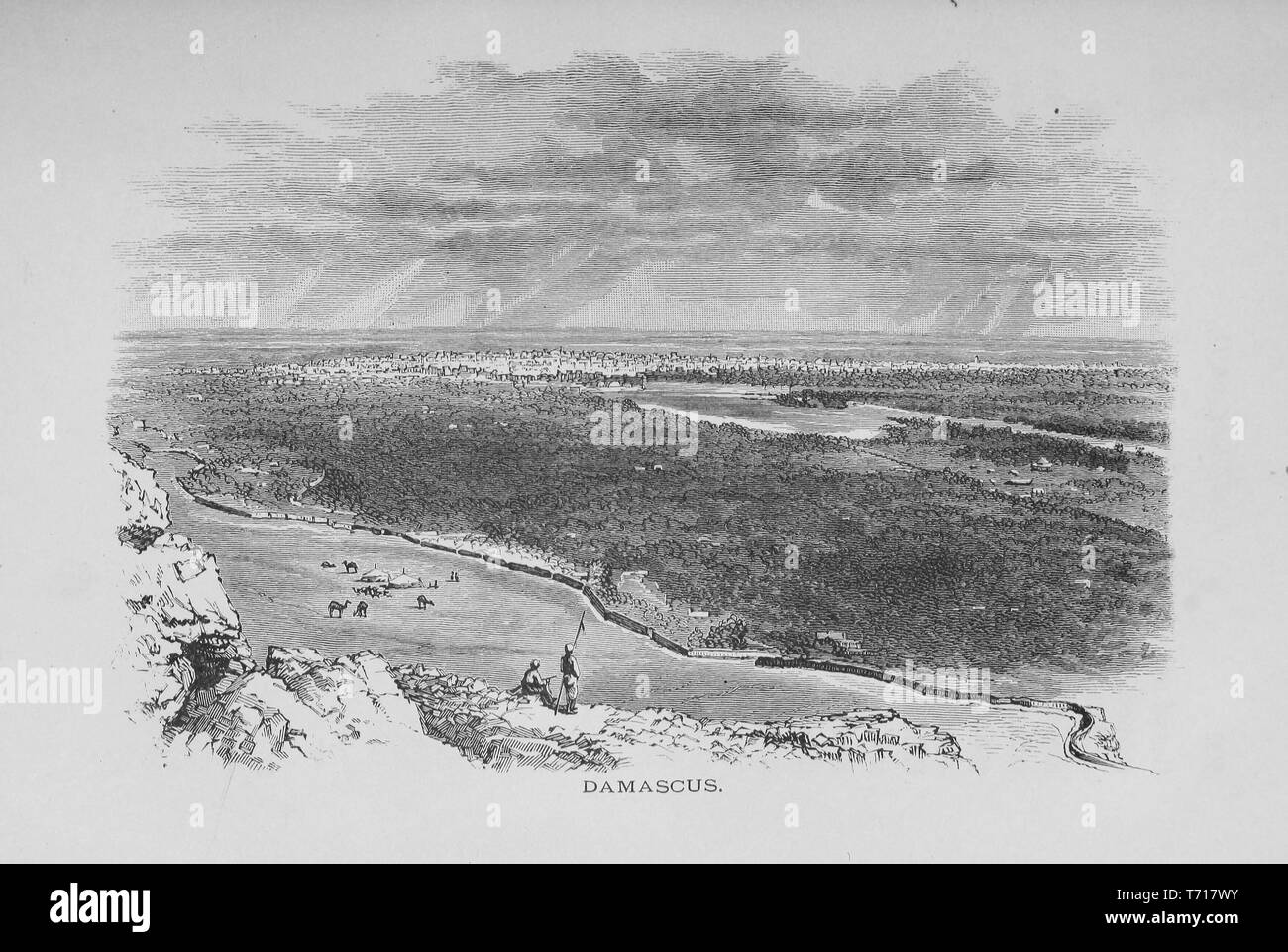 Engraving of the City of Damascus, the capital of the Syrian Arab Republic, from the book 'Through Bible Lands: Notes Of Travel In Egypt, The Desert, And Palestine' by Philip Schaff, 1878. Courtesy Internet Archive. () Stock Photo