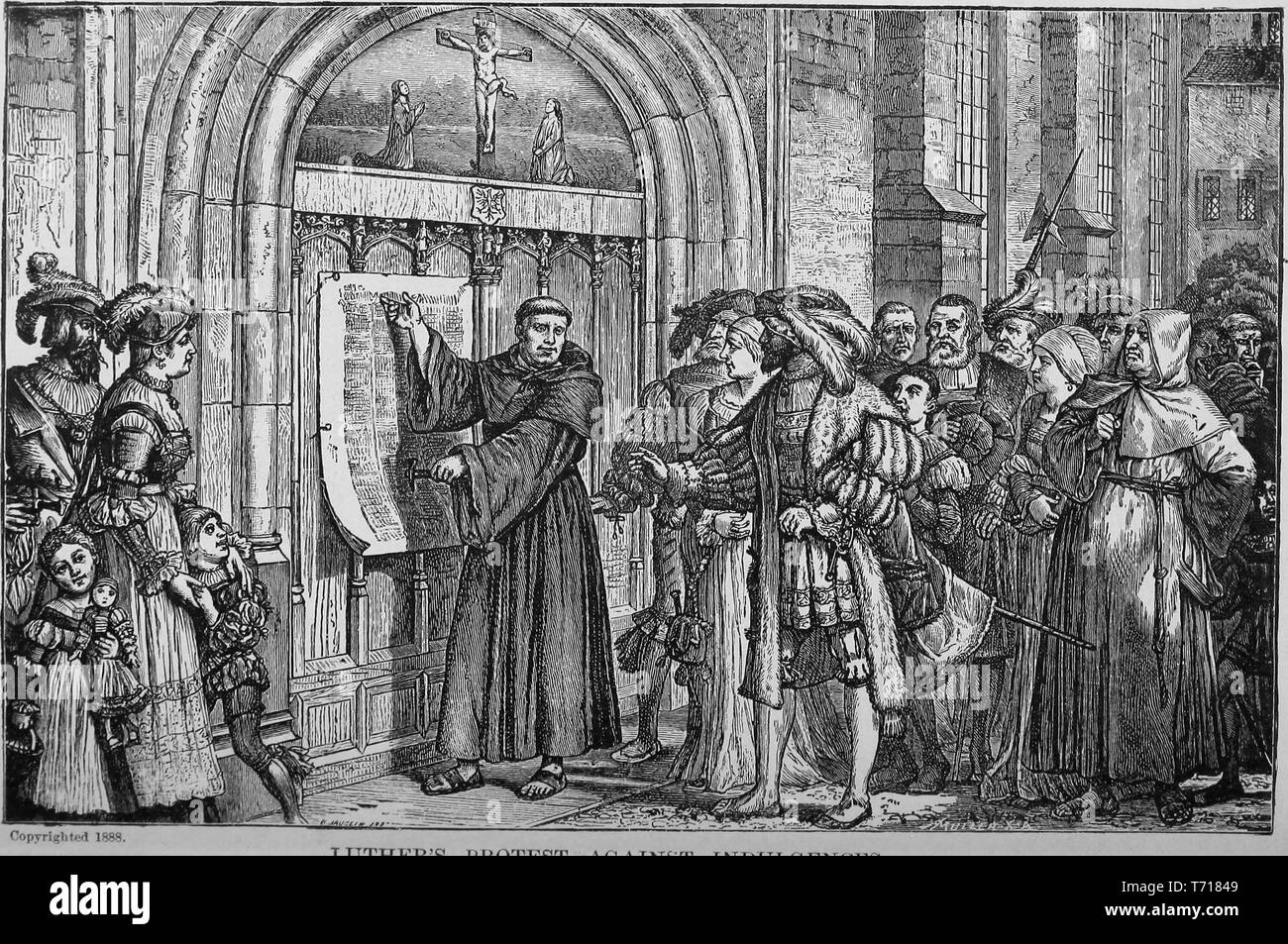 Engraving of Martin Luther's protest against the sale of indulgences, from the book 'The Great Controversy: Between Christ and Satan During the Christian Dispensation' by Ellen Gould White, 1888. Courtesy Internet Archive. () Stock Photo