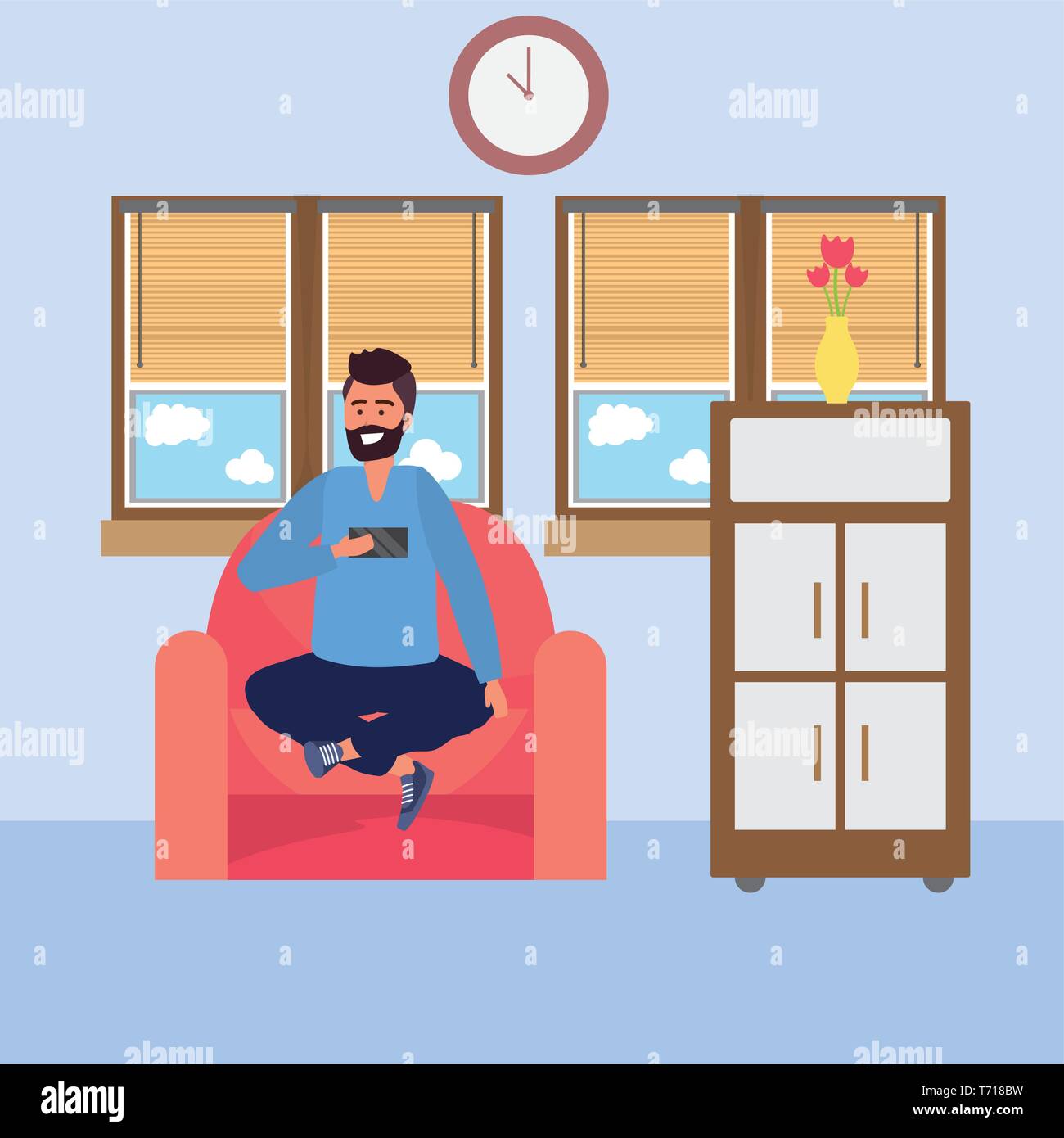 Millennial Student Bearded Man Using Smartphone Taking