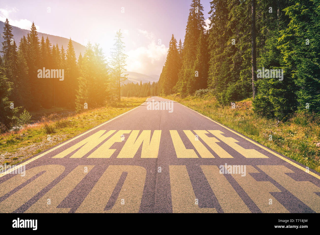 New life and old life concept. Driving on an empty road in the