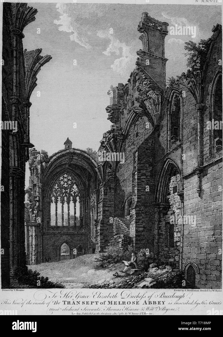 Engraving of the transept of Melrose Abbey in Melrose, Roxburghshire, Scotland, from the book 'Antiquities of Great Britain' by William Byrne and Thomas Hearne, 1807. Courtesy Internet Archive. () Stock Photo