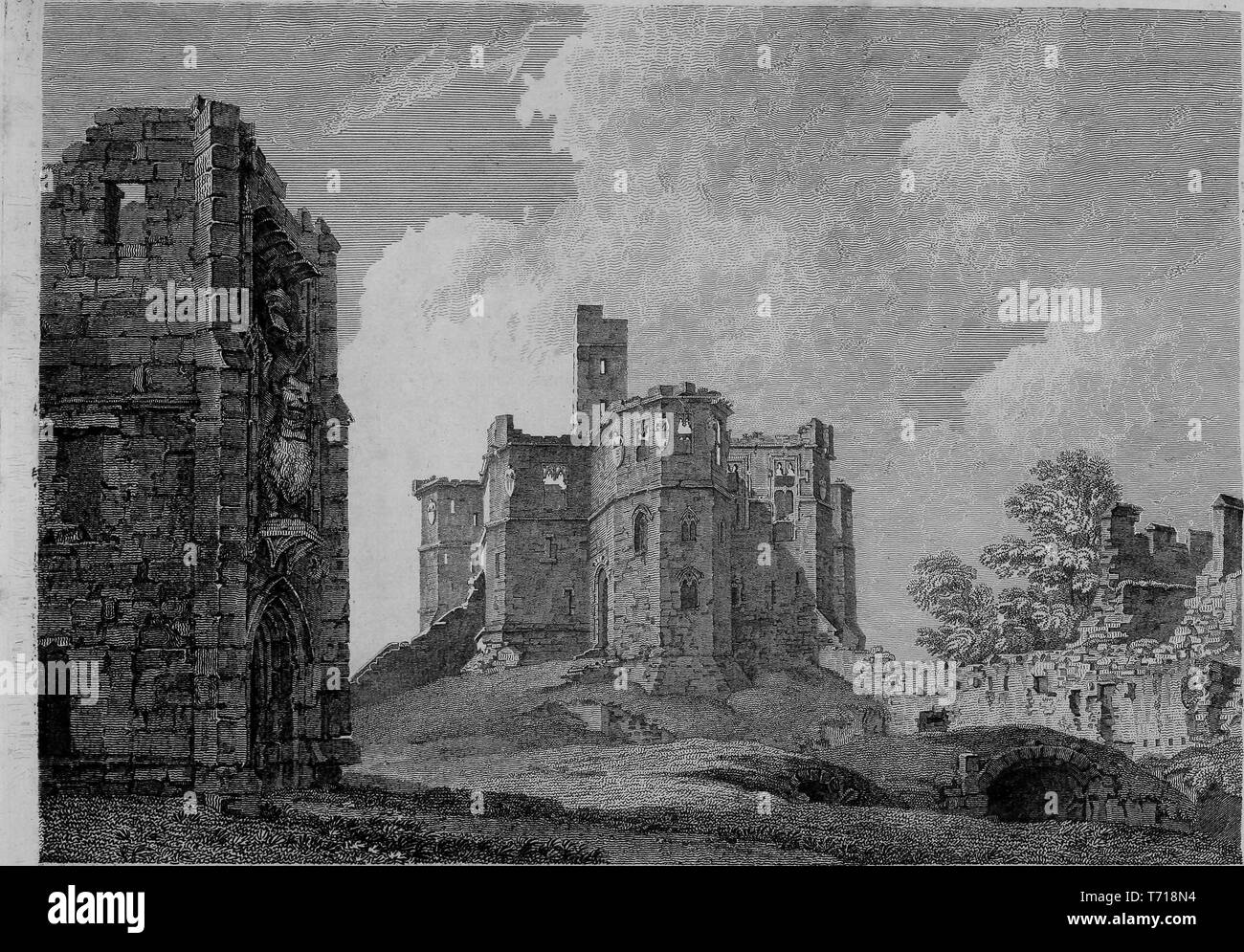 Engraving of the Warkworth Castle in Northumberland, England, from the book 'Antiquities of Great Britain' by William Byrne and Thomas Hearne, 1825. Courtesy Internet Archive. () Stock Photo