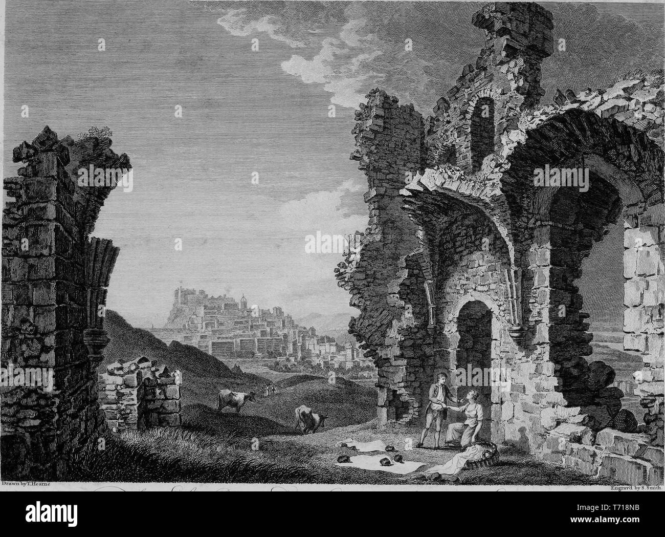 Engraving of the ruins of St. Anthony's Chapel in Scotland, the City of Edinburg in the background, from the book 'Antiquities of Great Britain' by William Byrne and Thomas Hearne, 1807. Courtesy Internet Archive. () Stock Photo