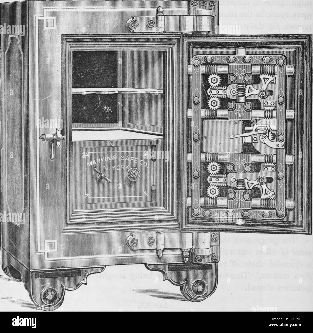 Engraving of the burglar-proof safe made by Marvin's Safe company from New York, from the book 'Industrial history of the United States, from the earliest settlements to the present time' by Albert Sidney Bolles, 1878. Courtesy Internet Archive. () Stock Photo