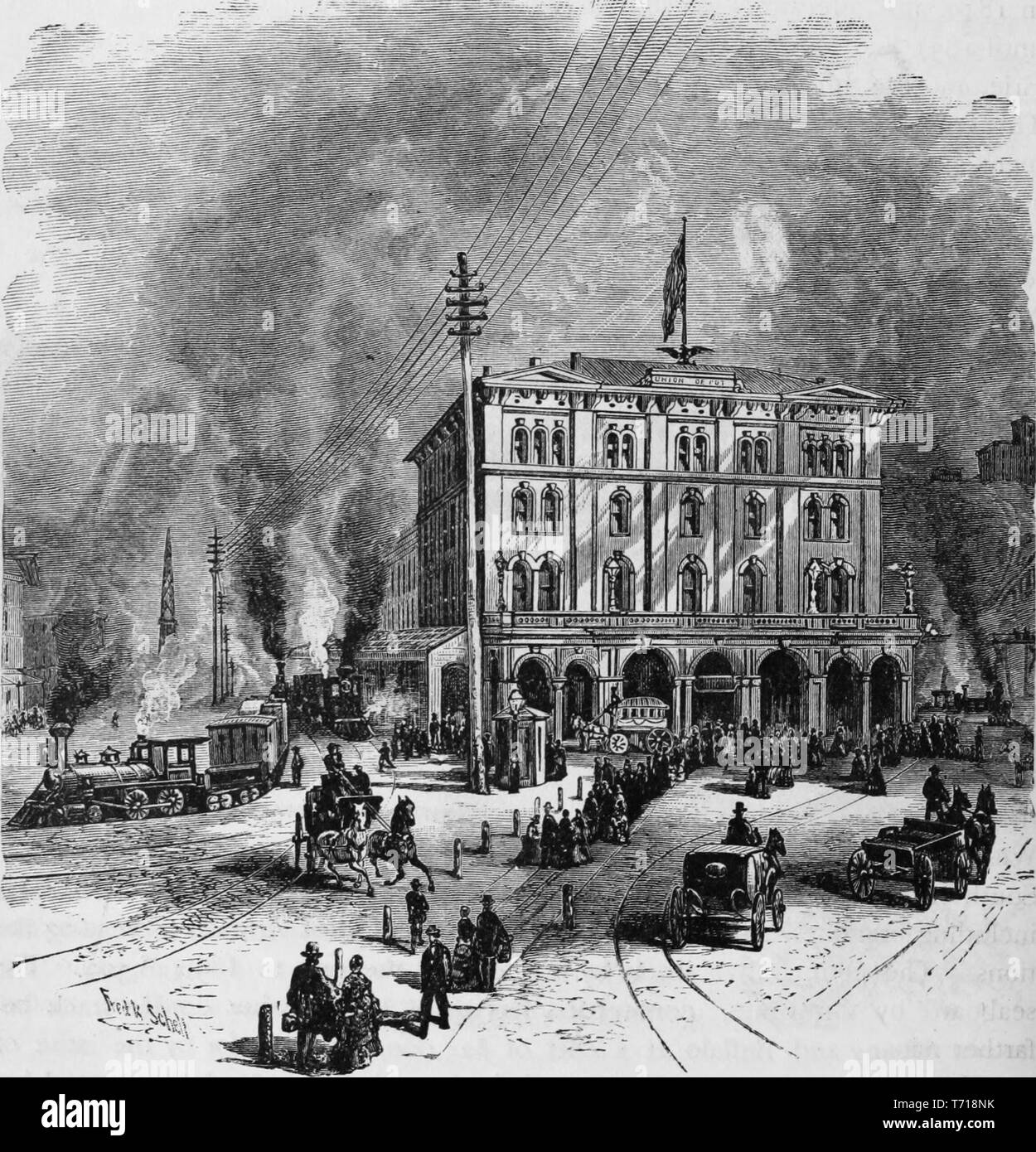 Engraving of a crowd of people in front of the Union Depot, train station in Pittsburgh, Pennsylvania, from the book 'Industrial history of the United States, from the earliest settlements to the present time' by Albert Sidney Bolles, 1878. Courtesy Internet Archive. () Stock Photo