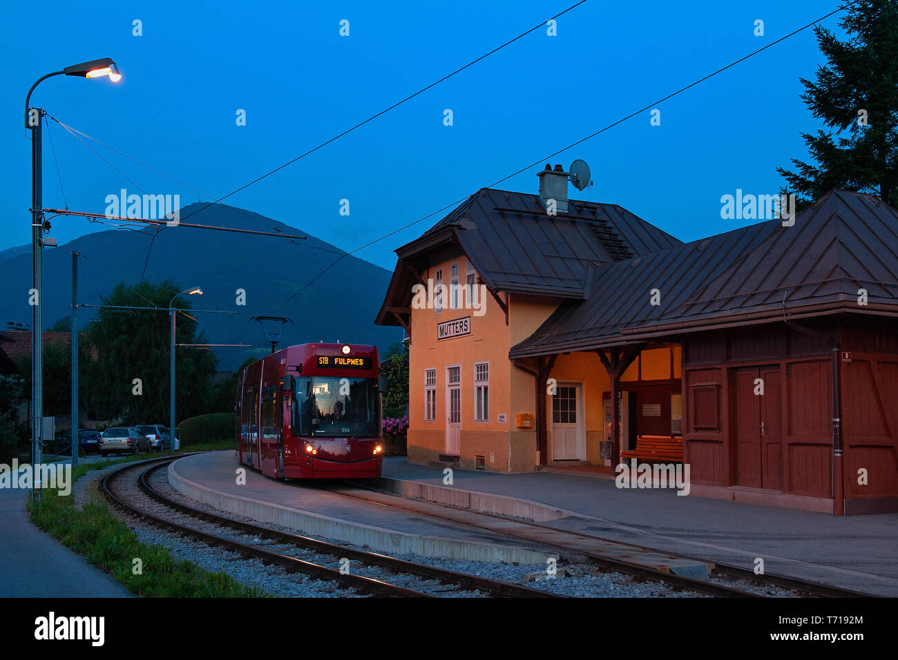 Mutters, Tyrol/ Austria: The Stubai Valley Railway (Stubaitalbahn), a  interurban tram from Innsbruck to Fulpmes, arriving at Mutters Stock Photo