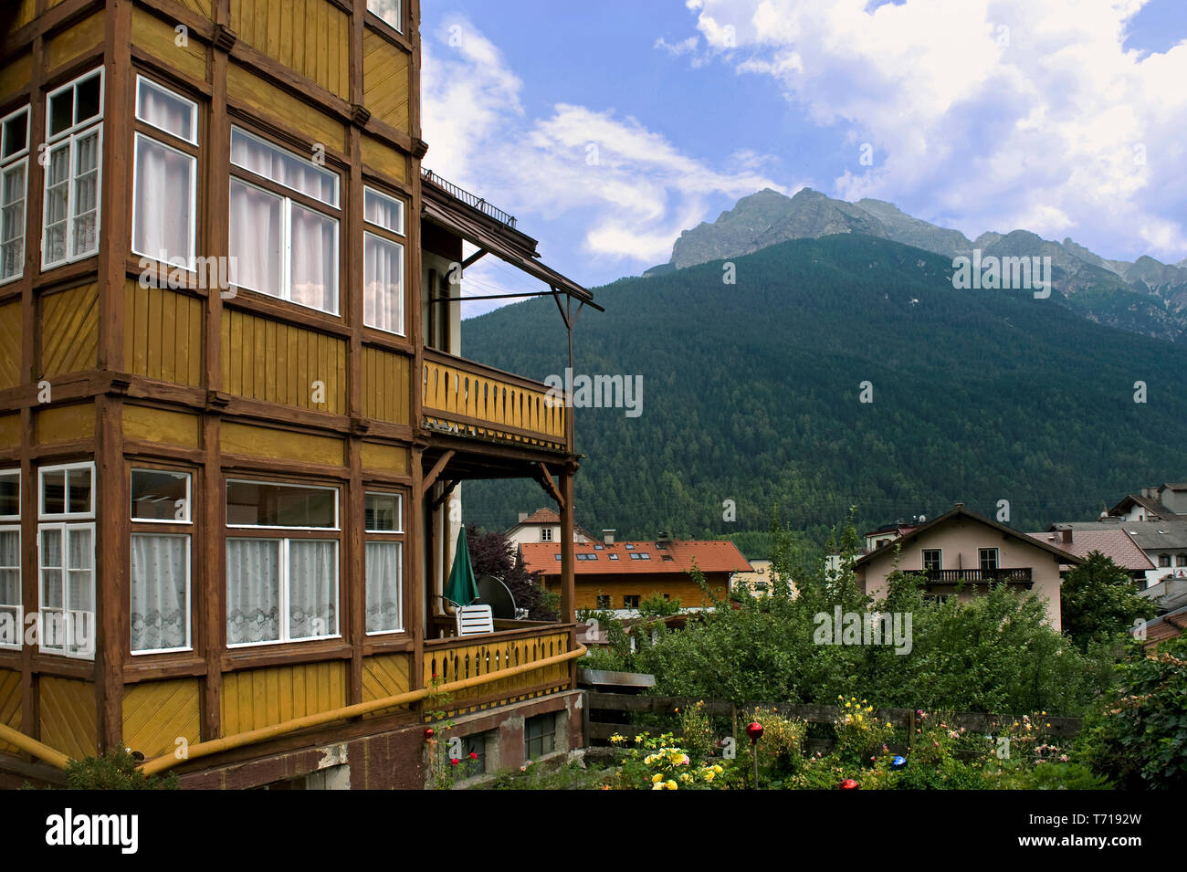 Fulpmes, Tyrol/ Austria: Old house with a view of the Stubai Alps Stock Photo