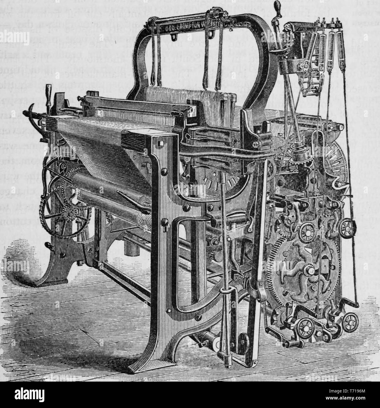Engraving of the Gingham loom machine, from the book 'Industrial history of  the United States, from the earliest settlements to the present time' by  Albert Sidney Bolles, 1878. Courtesy Internet Archive Stock