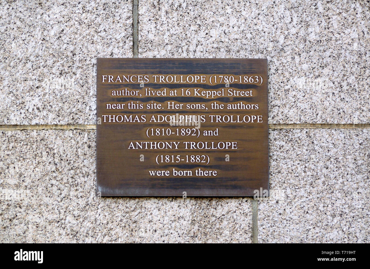 London, England, UK. Commemorative Plaque: 'Frances Trollope (1780-1863) author, lived at 16 Keppel Street near this site. Her sons, the authors Thoma Stock Photo