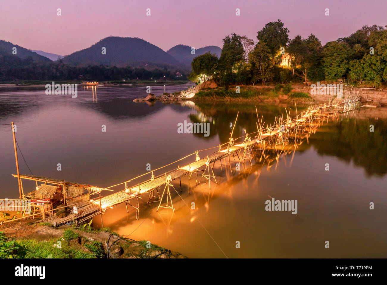 Bamboo bridge , Mekong river, Luang Prabang, Laos Stock Photo