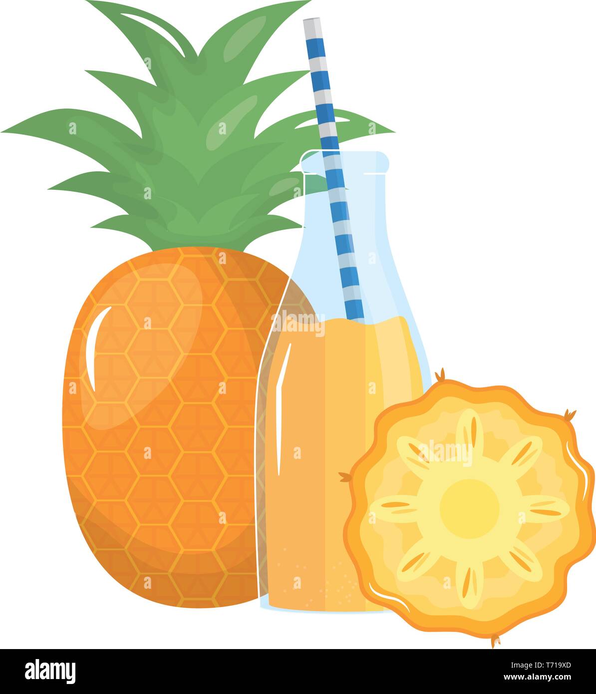 fresh pineapple juice fruit in botttle with straw vector illustration ...