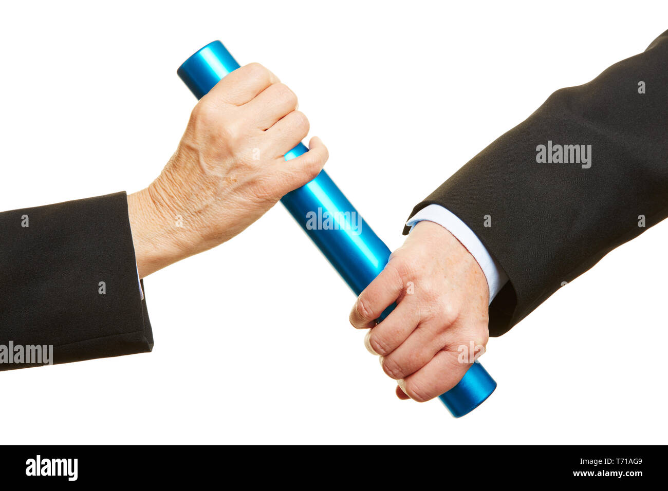 Hands hand over a blue baton during the relay race Stock Photo