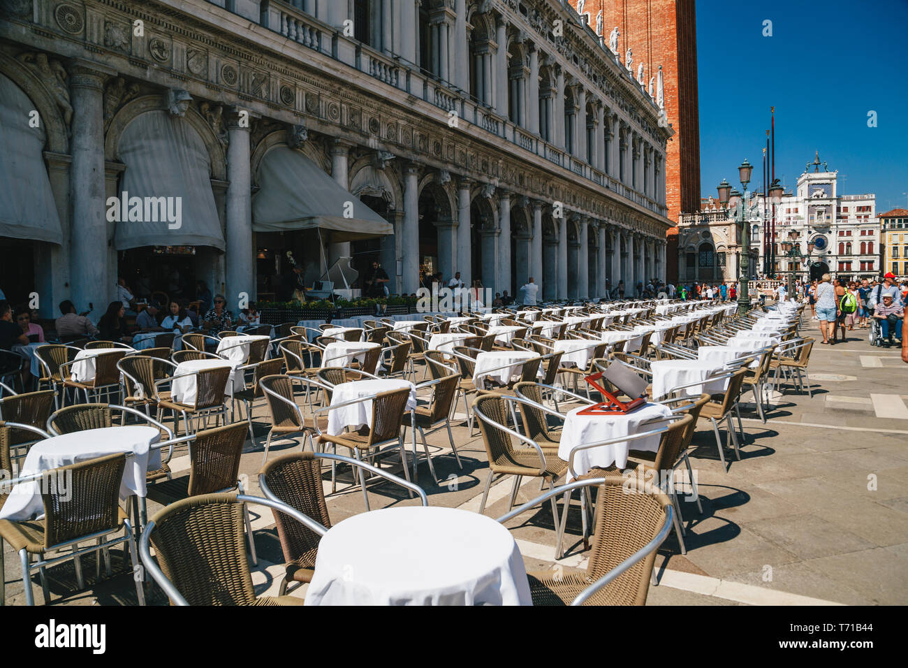 Venice, Italy - September, 9 2018: A Gran Caffe Chioggia outdoor seating open air restaurant at the street at at St. Mark's Square, Piazza San Marco. Stock Photo