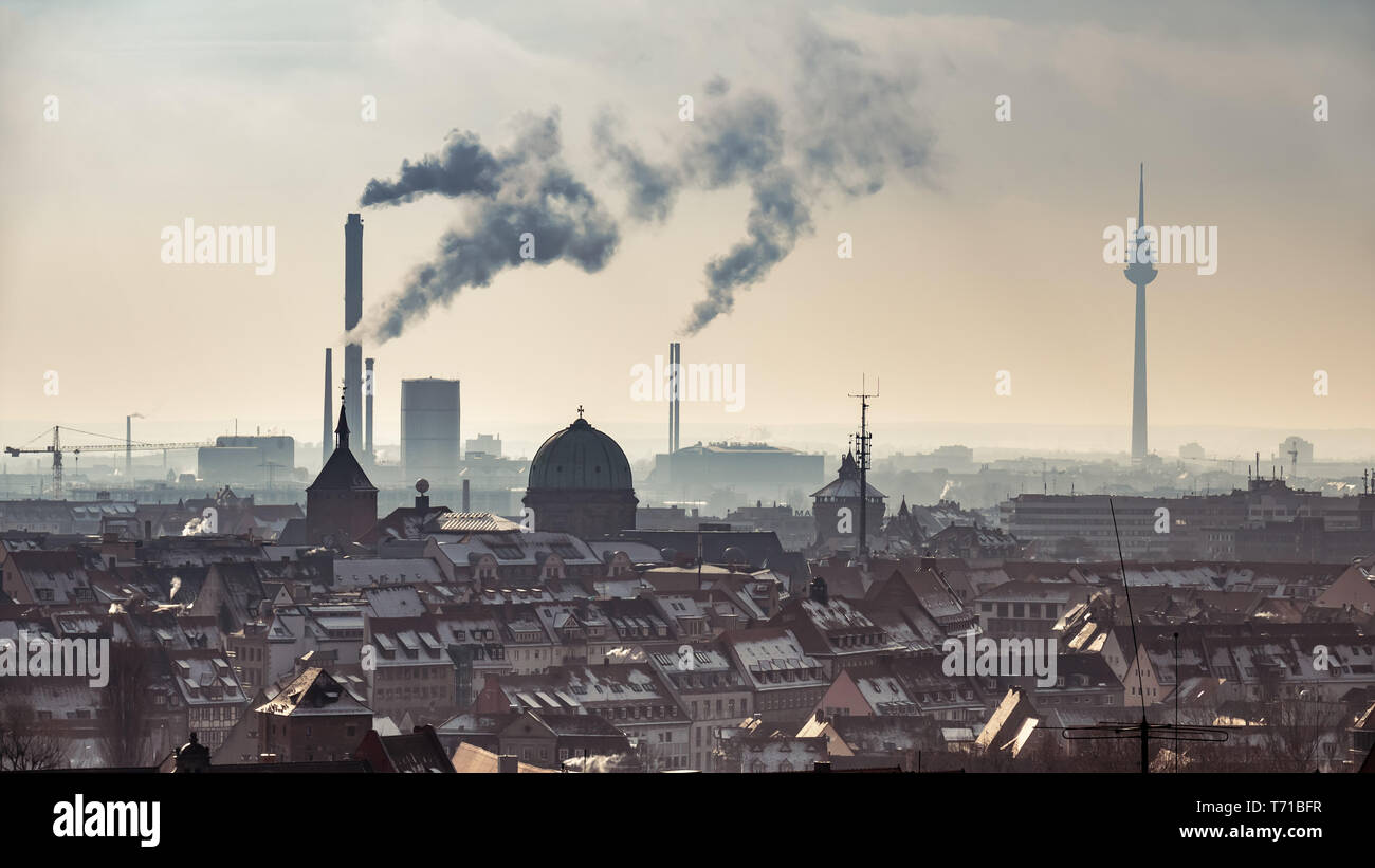 Nuremberg panoramic view with smoking chimneys Stock Photo