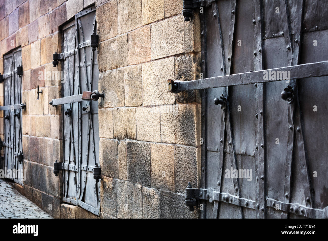 windows closed with iron shutters Stock Photo